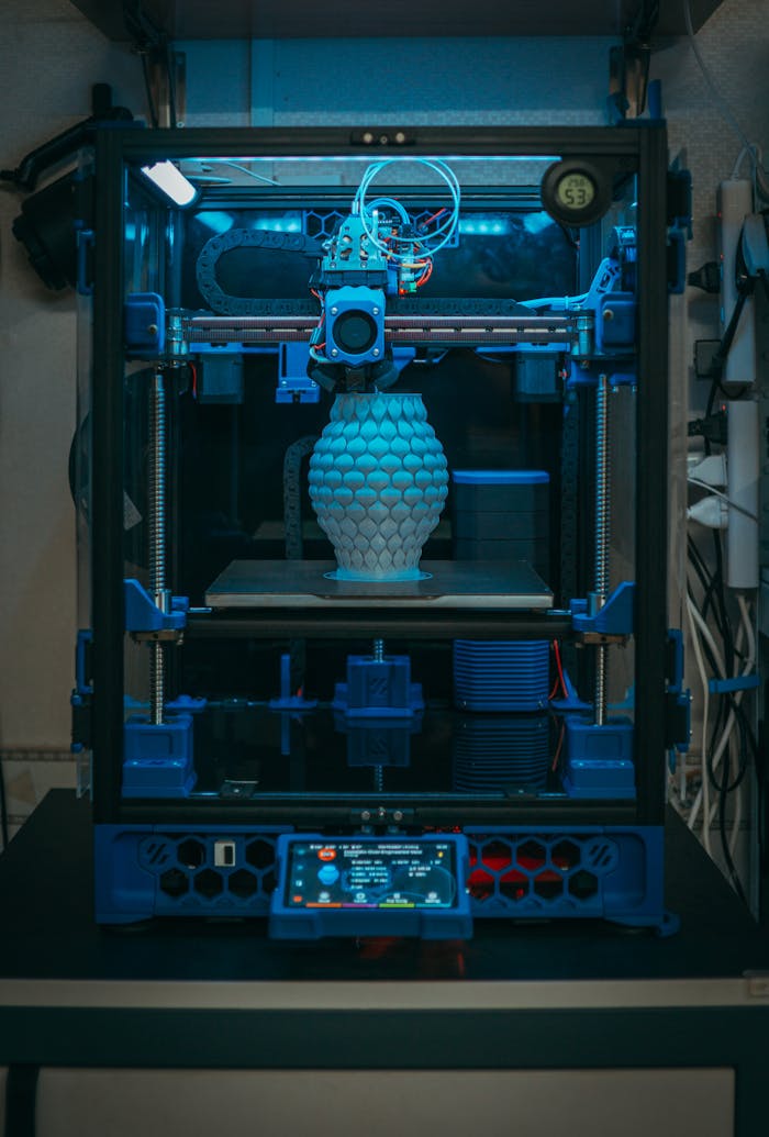 services-02 Close-up of a 3D printer in action, crafting a detailed vase in a modern setting.